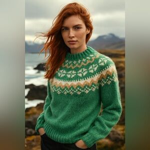 Hand-Knit Fair Isle Nordic Wool Icelandic Sweater Green Unisex Pullover